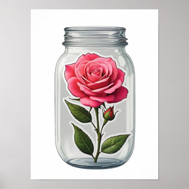 Affiche Pied De Fleur Rose Dans Une Bouteille De Verre (Devant)