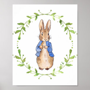 Affiche Pierre le Lapin avec une couronne de feuilles vert