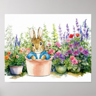 Affiche Pierre le lapin en pot plante dans son jardin