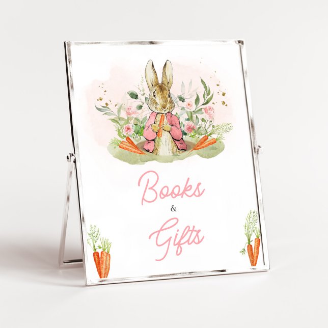 Affiche Pierre rose Rabbit Baby showers Livres et cadeaux (A Little Bunny Spring Baby Shower Books and Gifts Sign)