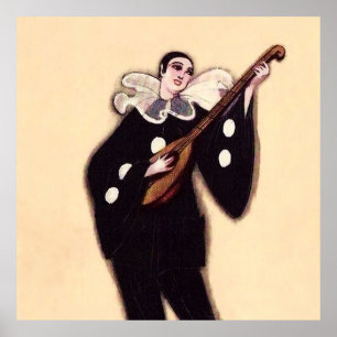 Affiche Pierrot en noir jouant du luth par Sophia Chiostri