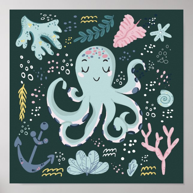 Affiche Pieuvre dormante mignonne Doodé sous-marin (Devant)