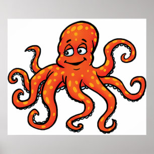Affiche Pieuvre orange dessin animé océan créature marine