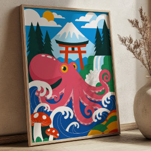 Affiche Pieuvre rose avec Mont Fuji & Porte Torii Japonais