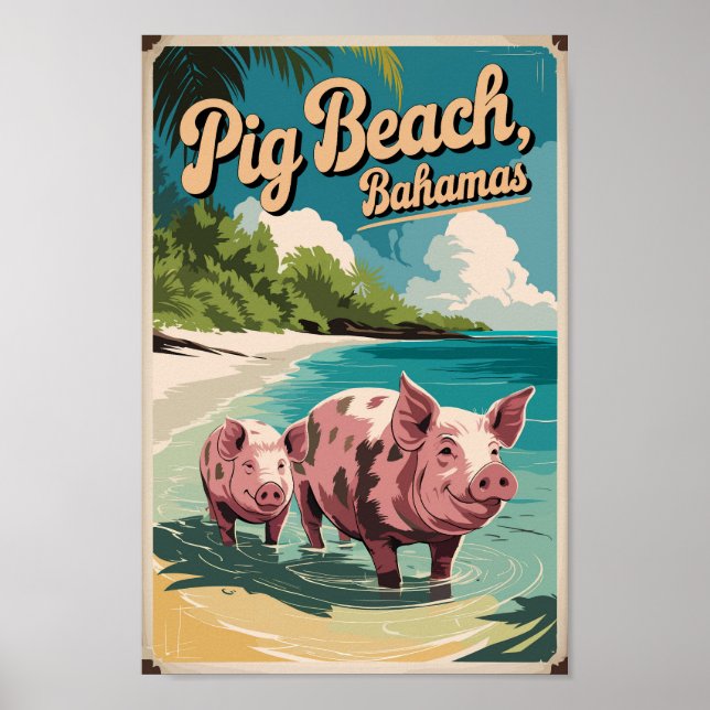 Affiche Pig Beach Bahamas Travel Art Vintage (Devant)