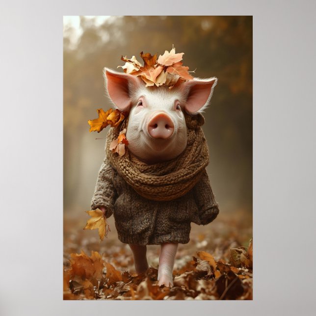 Affiche Pig in Fall Clothes Art Print, Rustic Autumn Home (Devant)
