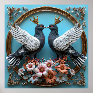 Affiche Pigeons Majestueux avec Couronnes
