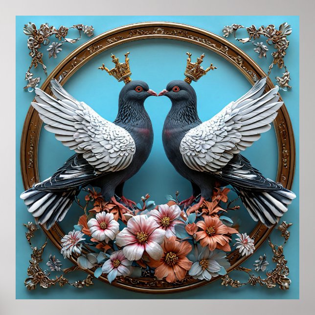 Affiche Pigeons Majestueux avec Couronnes (Devant)