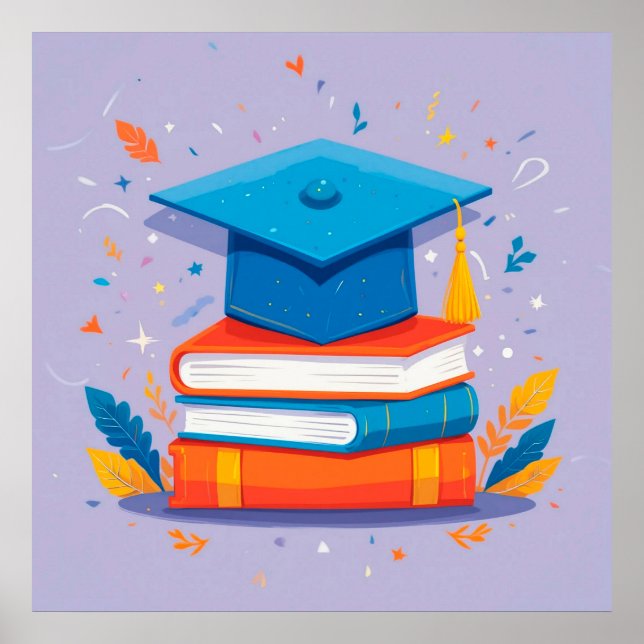 Affiche Pile de livres avec chapeau de remise de diplôme (Devant)