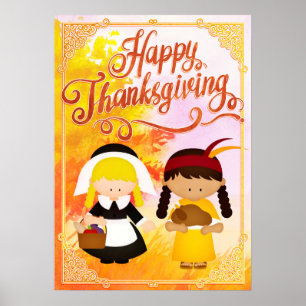 Affiche Pilgrim Girl & Native Girl - Bon thanksgiving
