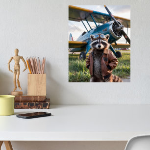 Affiche Pilote de Raton Laveur Avion Drôle Animal de la Fa