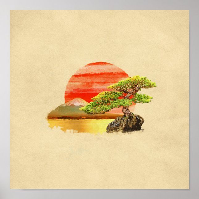 Affiche Pin bonsai - Coucher de soleil Fuji en couleur (Devant)