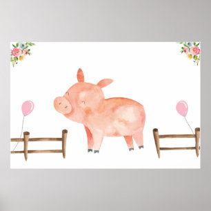 Affiche Pin the Tail Pig Farm Animals Girl Birthday Pink