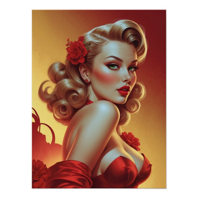 Affiche Pin-Up Blonde en Robe Rouge  (Devant)