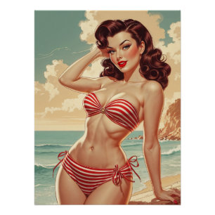 Affiche Pin-Up Brune en Bikini Rayé Rouge et Blanc