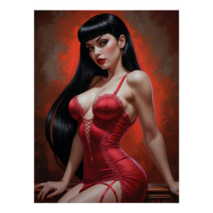 Affiche Pin-up Brune Sensuelle en Robe Rouge