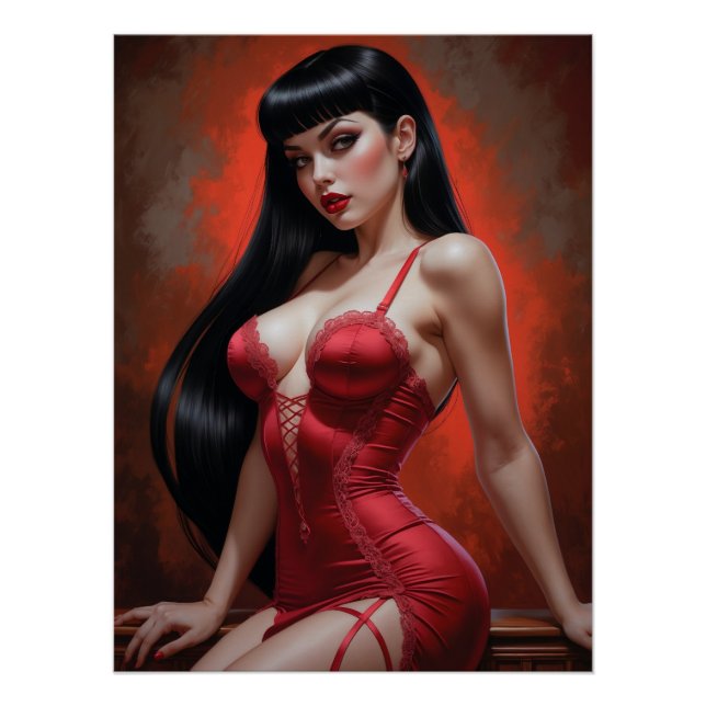 Affiche Pin-up Brune Sensuelle en Robe Rouge (Devant)