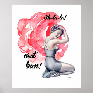 Affiche Pin-up Girl with Floral Arrière - plan Art Print