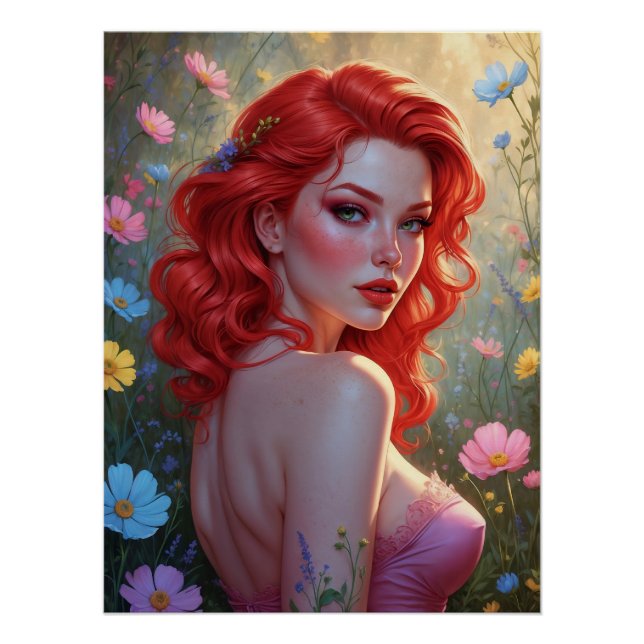 Affiche Pin-Up Rousse dans un Champ de Fleurs  (Devant)