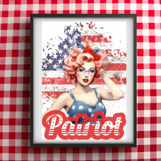 Affiche Pin Up Vintage Rétro Américain Patriot Jolie Fille