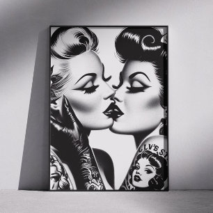 Affiche Pin-ups s'embrassant rétro