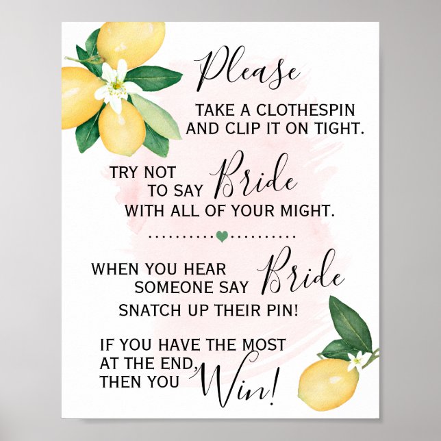 Affiche Pince à linge Jeu de Baby Shower Citrons Rose (Devant)