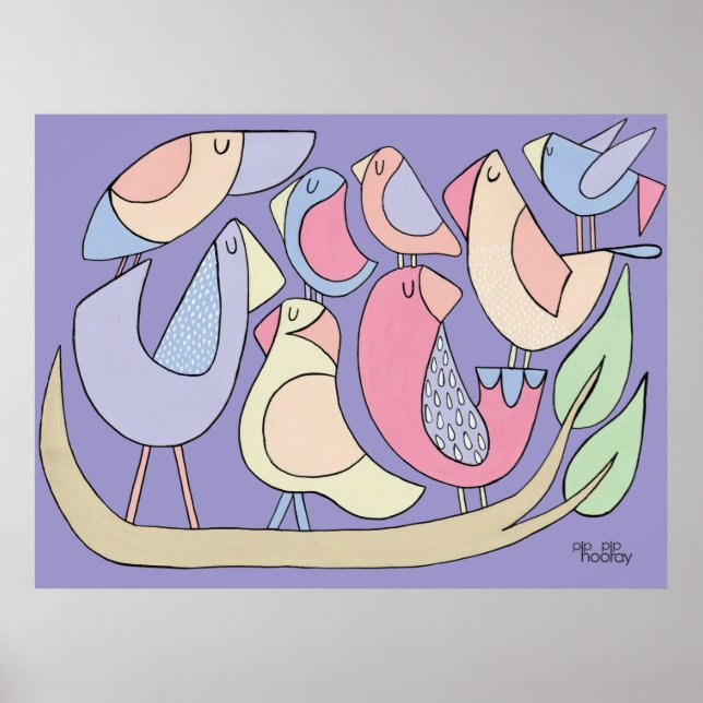 Affiche Pinceau d'art violet ornithologie Illustration (Devant)