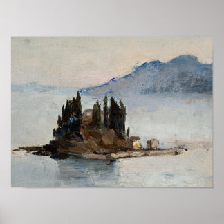 Affiche Pine tree island in water landscape art print