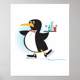 Affiche pingouin de serveur mignon sur les patins