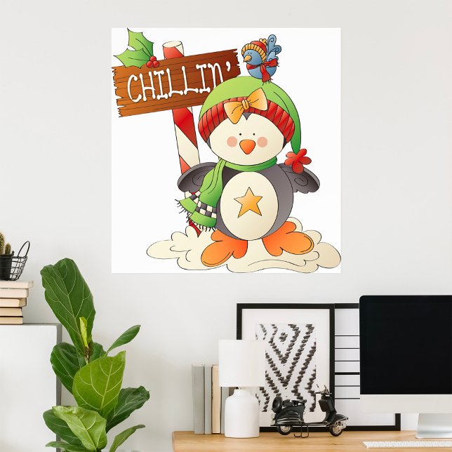 Affiche Pingouin d'hiver et oiseau Chillin Noël (Créateur téléchargé)