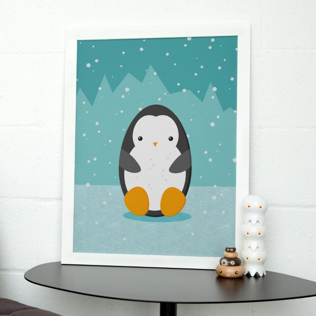 Affiche Pingouin mignon sur glace Bleu Dessin d'hiver (Créateur téléchargé)