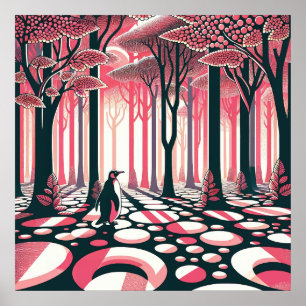 Affiche Pingouin rose foncé Nostalgie géométrique Arbre fo