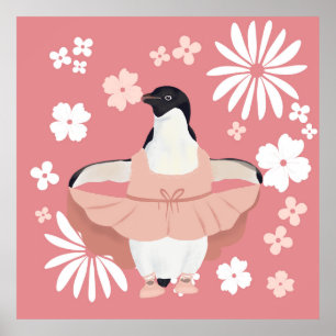 Affiche Pingouin Whimsical Ballerina Avec Fleurs Roses