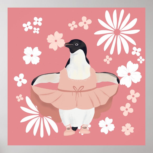 Affiche Pingouin Whimsical Ballerina Avec Fleurs Roses (Devant)