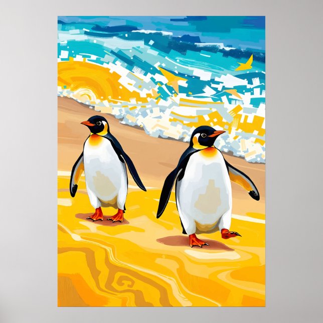 Affiche Pingouins de plage - Art océanique vibrant (Devant)