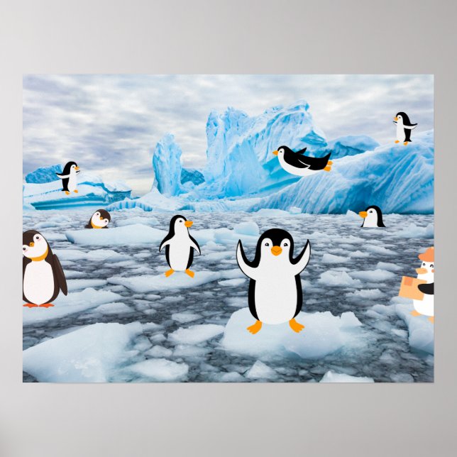 Affiche pingouins mignons dans la glace de l'Antarctique (Devant)