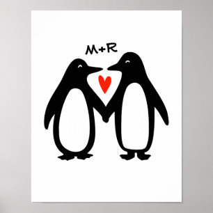 Affiche Pingouins tenant les mains mignonnes Couple Initia