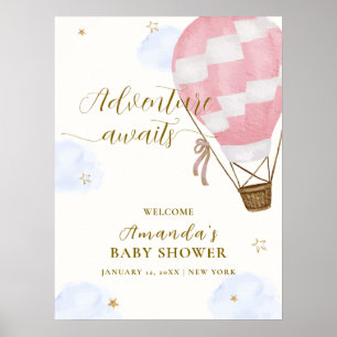 Affiche Pink Adventure Hot Air Balloon Baby shower Bienven