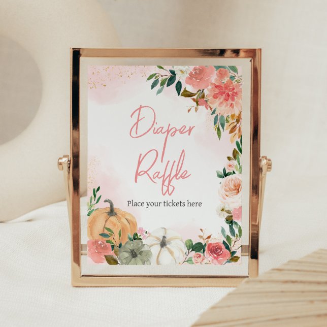Affiche Pink Automne automne Floral Citrouille Déchets Raf (Autumn Floral Pumpkin Baby Shower Diaper Raffle Sign)