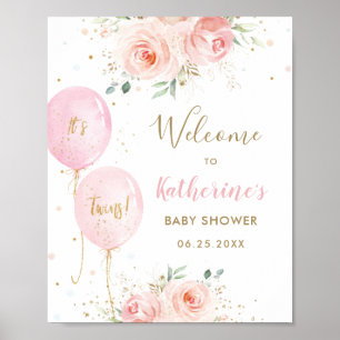 Affiche Pink Balloons Floral Twins Baby Shower Welcome