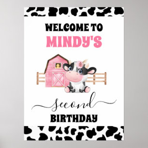 Affiche Pink Barn Cow Print 2nd Birthday Welcome Sign