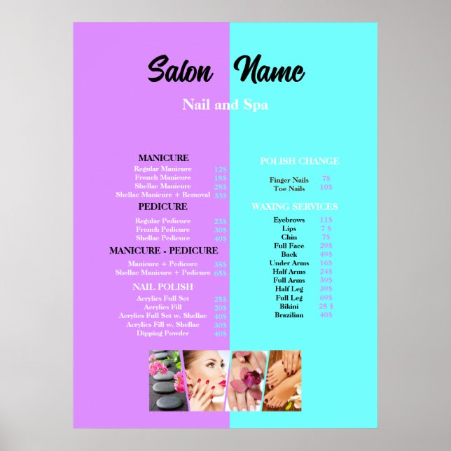 Affiche Pink Blue Beauty Nail Salon Prix du menu (Devant)