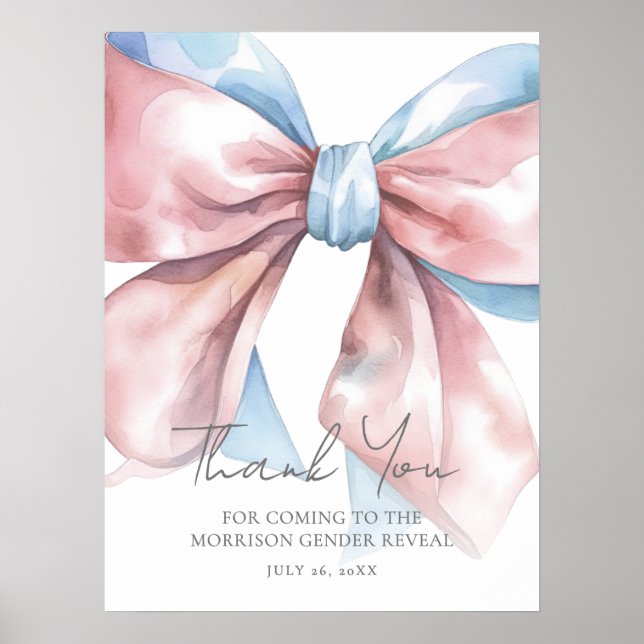 Affiche Pink Blue Bow Gender Reveal Thank You Sign (Devant)
