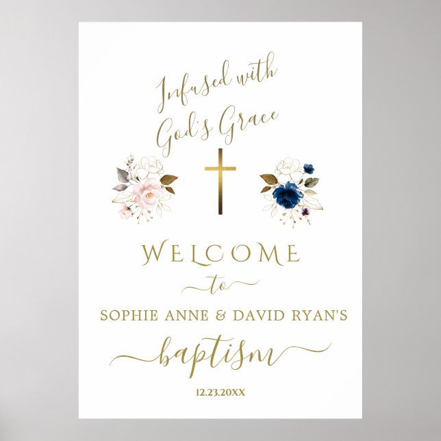 Affiche Pink Blue Flowers Gold Twins Baptême de bienvenue (Devant)