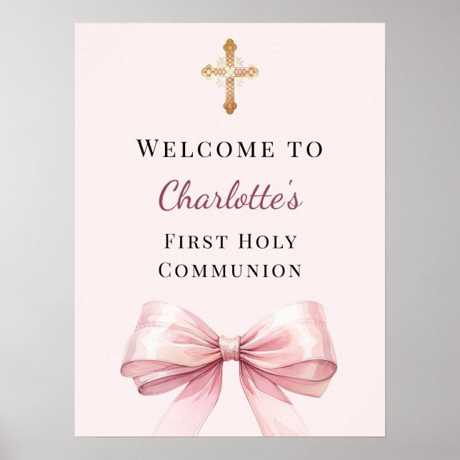 Affiche Pink blush bow First Holy Communion welcome (Devant)