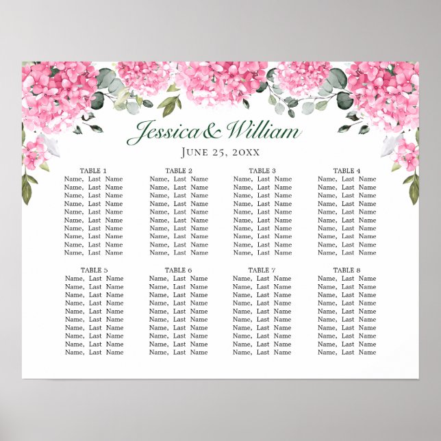 Affiche Pink Blush Hydrangea Floral 8 Tables CHART DE SIÈG (Devant)