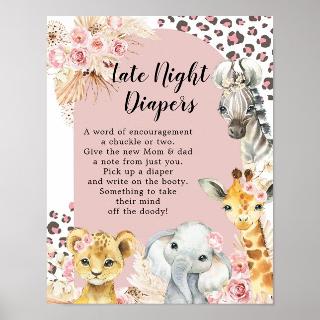 Affiche Pink Boho Safari Party Animaux couche tard la nuit (Devant)
