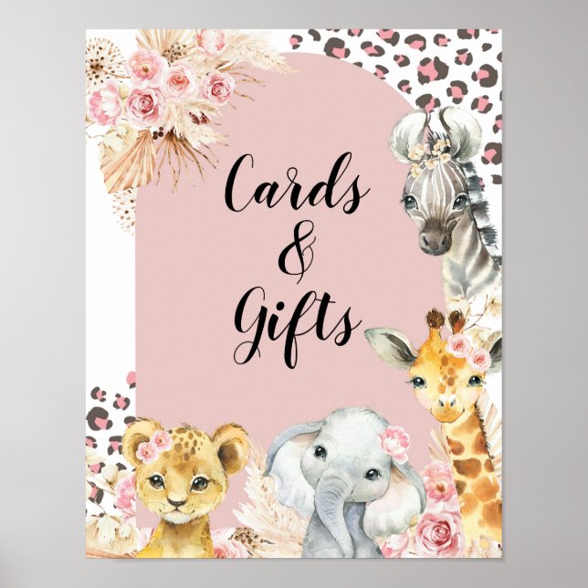 Affiche Pink Boho Safari Party Animaux Fille Cartes & Cade (Devant)