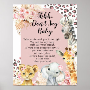 Affiche Pink Boho Safari Party Animaux Fille Ne pas dire b