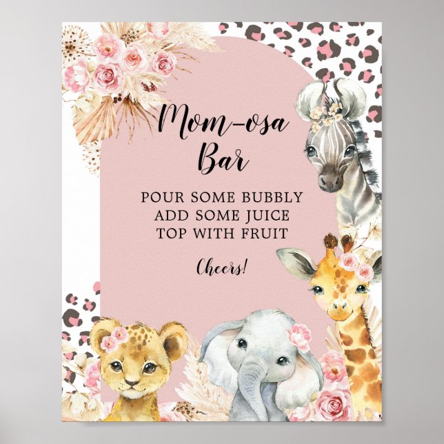 Affiche Pink Boho Safari Party Animaux Girl Mom-osa Bar (Devant)